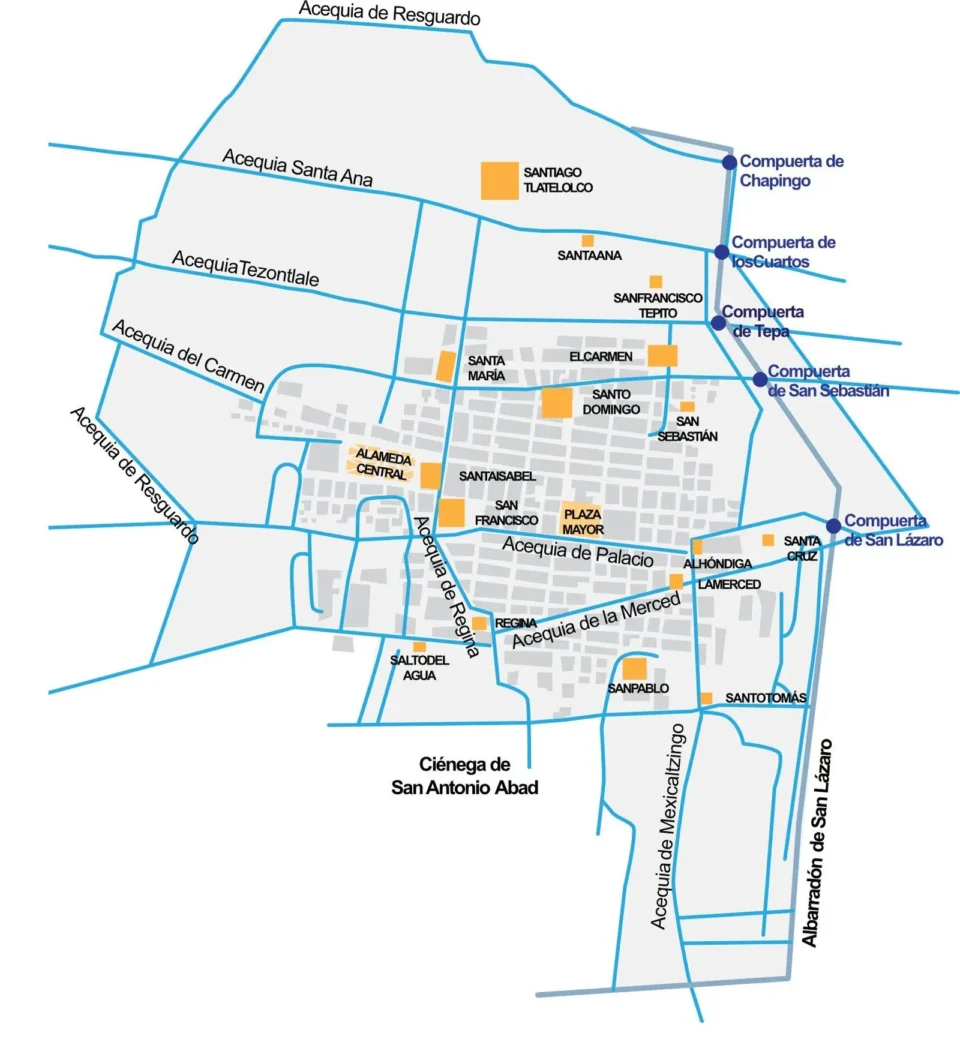 Map with the canals or canals of Mexico City