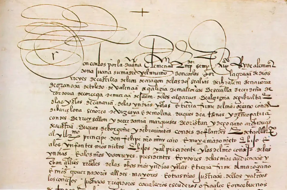 Detalle de la primera página de las leyes promulgadas en nombre de Carlos I