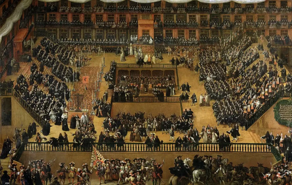 Auto de fe celebrado en la Plaza Mayor de Madrid, pintura de Francisco Rizi, 1683. Fuente: Wikimedia Commons. Derechos (PD).