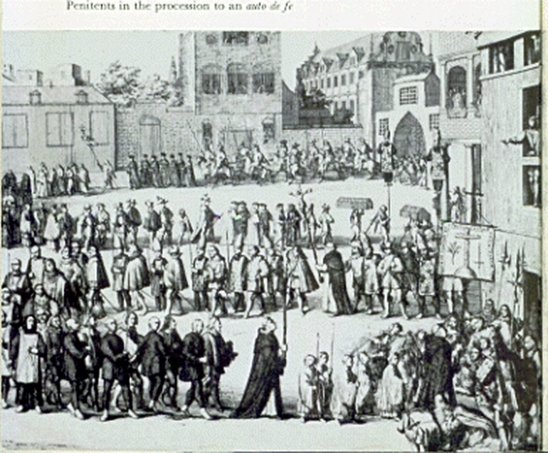 Alegoría de una procesión en un auto de fe en México. Autor anónimo, siglo XVII. Fuente: Wikimedia Commons. Derechos (PD).