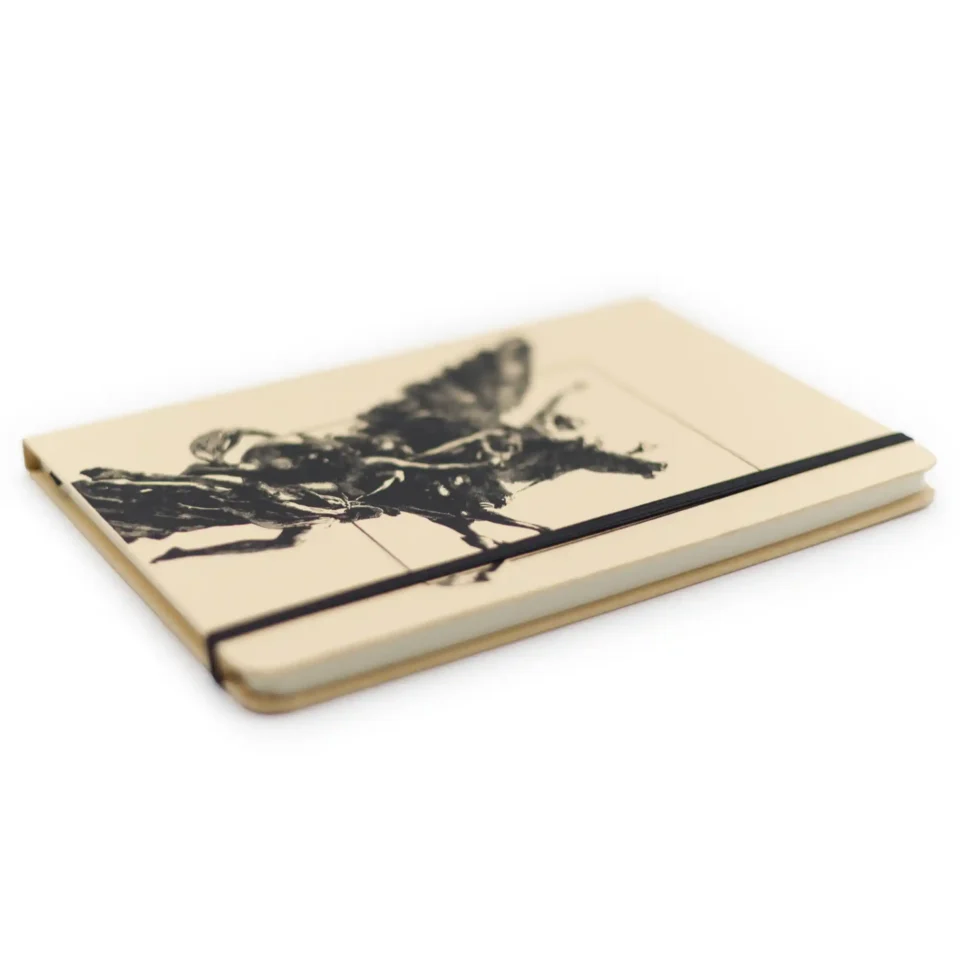Foto isométrica de Libreta Arena de Mazunte con diseño de Pegaso del Palacio de Bellas Artes