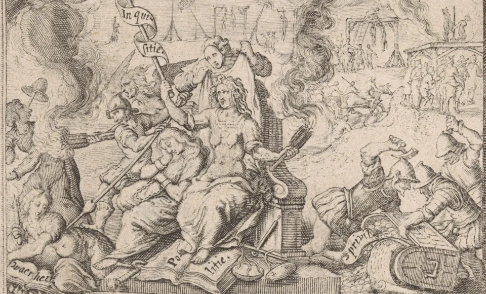 Allegorische voorstelling met Spaanse Inquisitie, Vrijheid en Waarheid