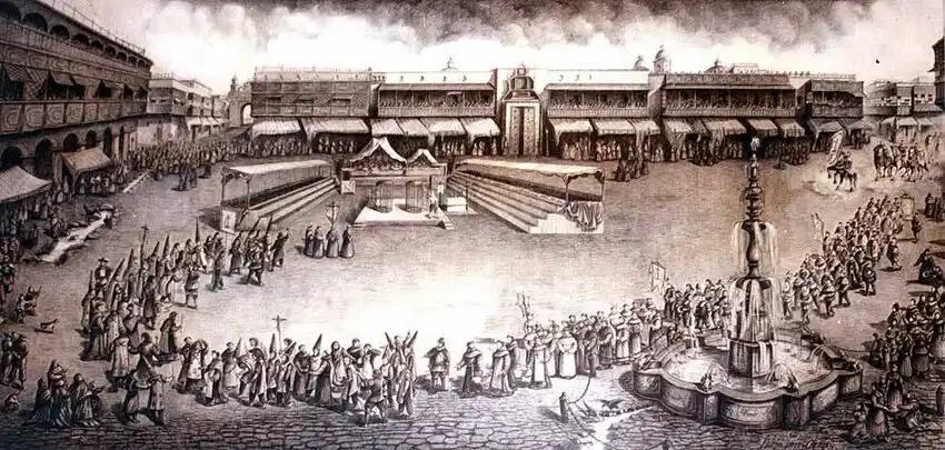 Grabado de un auto de fe en Lima (siglo XVII). Representación simbólica para ilustrar los actos públicos del Tribunal del Santo Oficio en tierras hispanoamericanas.