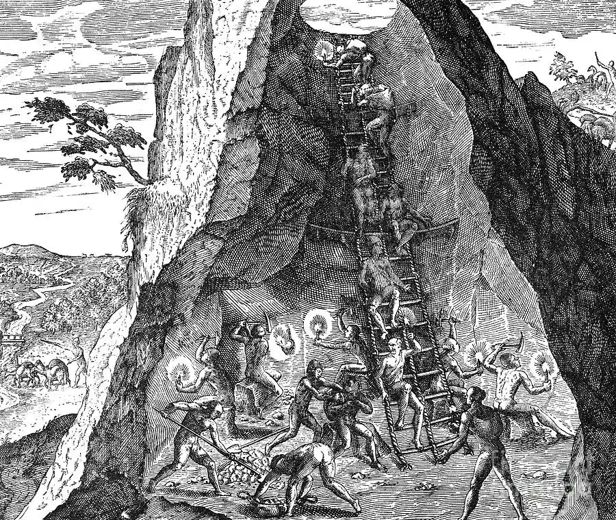 Trabajadores indígenas en una mina de Potosí (Nueva España). Grabado de Theodor de Bry, ca. 1590. Fuente: Wikimedia Commons. Derechos (PD).