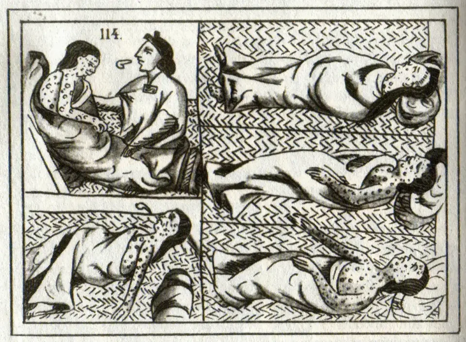 Víctimas de viruela en el mundo indígena de la Nueva España. Dibujo anónimo del siglo XVI. Fuente: Wikimedia Commons. Derechos (PD).