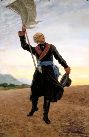 Miguel Hidalgo y Costilla con estandarte insurgente